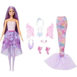 Mattel Barbie 3-in-1 Fantasy Puppe (mit Schwanzflosse, Feenflügeln Und Ketten)