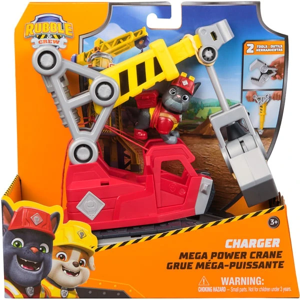 Spin Master Rubble & Crew - Chargers 2-in-1 Mega Kran, Spielfahrzeug (mit Abnehmbarer Baggerkralle, Presslufthammer Und Charger Hundefigur)
